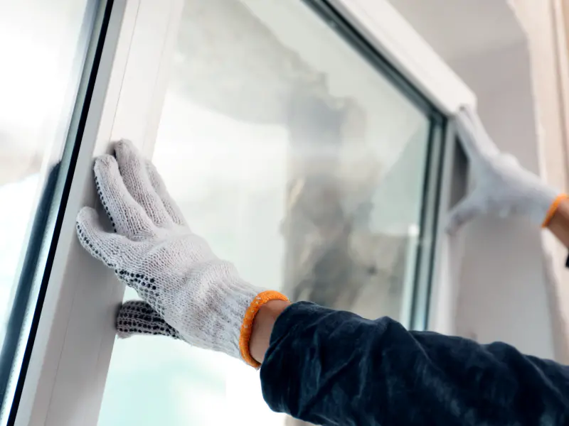 close up of a contractors hands wearing gloves during window replacement service meridian id